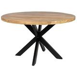 Ronde Eettafel van Mangohout, 100 cm Diameter, Zwart Metalen Kruispoot