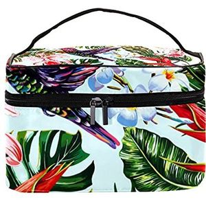 Flamingo Kolibrie Papegaai Toucan Geometrisch Patroon Reizen Make-up Tas Grote Cosmetische Tas Make-up Case Organizer Rits Toilettas voor Vrouwen Meisjes, Retro Kolibrie Bloem Groen Blad, 22.5x15x13.8 cm/8.9x5.9x5.4 inch,