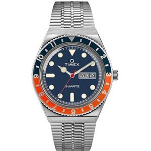 Q Timex Heren 38mm Horloge, Roestvrij staal/Blauw/Roestvrij staal/Blauw/Oranje, Eén maat, Q Diver 38 mm