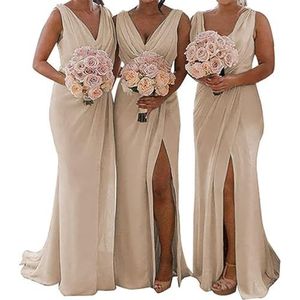 WSEYU Chiffon bruidsmeisjesjurk voor dames, met split, galajurken, plooien, cocktailjurk, grote maten, Champagne, 32