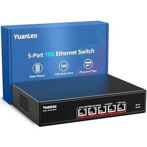 YuanLey 5-Poorts 10G Ethernet-Switch, 5 x 10Gbps RJ45-Poorten, Ondersteuning 10G/5G/2.5G/1G/100M Speed Auto-Negotiation, 100Gbps Schakelcapaciteit, Onbeheerde schakelaar Rackmountable, Gebruiksklaar
