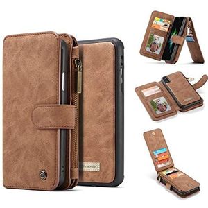 Telefoon Flip Case Cover Wallet Case for iPhone X/XS 2 in 1 rits Afneembare Magnetic 14 Card Slots, Clutch Bag Leather Wallet Holster (Color : Brown)