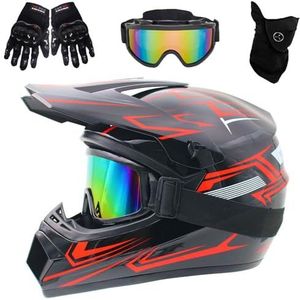 Jeugd- En Kindercrosshelmen Voor Jongens En Meisjes Van 5 Tot 14 Jaar, Met Handschoenen, Bril En Masker, Crossmotor, Downhill, Offroad, Mountainbikehelm, Vierwieler(Red Shadow,S(52-53cm))