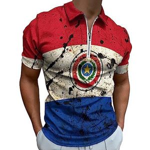 Vintage Paraguay vlag poloshirt voor mannen casual rits kraag T-shirts golf tops slim fit