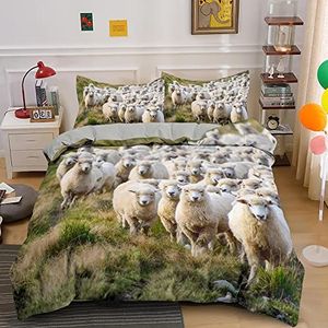 Dubbele dekbedovertrekset, schaap, zacht en huidvriendelijk microvezel, dubbel beddengoed, hypoallergeen en onderhoudsvriendelijk, 200 x 200 cm en 2 kussenslopen 50 x 75 cm