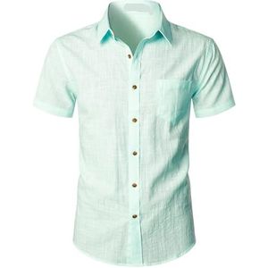 PMVRTHQV Heren getailleerd katoen linnen casual korte mouw button up shirts lichtgewicht strand tops met zak - wit Large, Aqua Sky, M