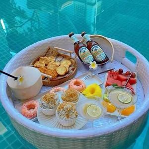 pallet， Zwevende serveerbladen Tafelbar Rond, Ronde serveerbladen met handgrepen for Geweven salontafelblad Decoratief(White,60CM)