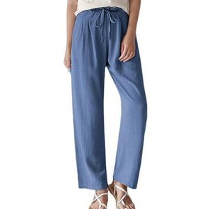 HHuiXinXue Zomerbroek voor dames, brede pijpen, strandbroek, elastische tailleband, casual, losse boho-stoffen broek met zakken, Blauw, S