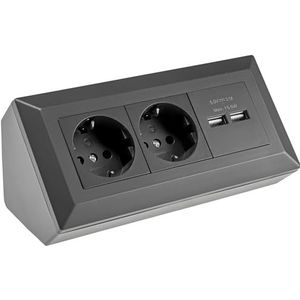 2-voudige stekkerdoos + 2x USB, zwart, 250V~/ 16A, USB 5V=, opbouw, ideaal voor werkbladen en werkbanken