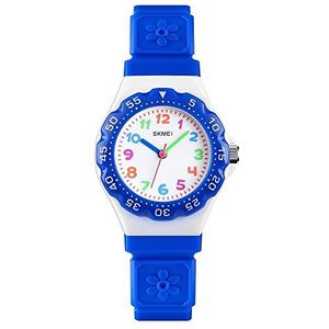 SKMEI Kinderen Jongens Meisjes Kinderen Eerste Horloge Gemakkelijk Te Vertellen Tijd Leren 4 Kleuren Horloge Clear Dial Kleurrijke Uur Markers, Blauw, riem