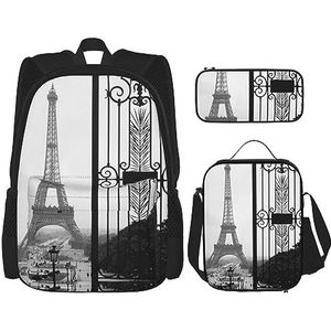 Parijs Eiffeltoren Gedrukt Casual Rugzak Met Lunch Box Potlood Case Laptop Rugzak Reizen Dagrugzak, Zwart, Eén maat