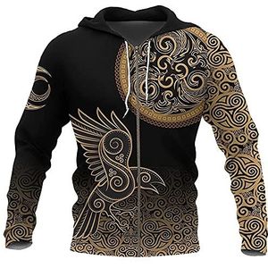 Mannen Viking Full Zip Hoodie Sweatshirt, Noorse Mythologie Odin Crow Wolf Patroon Jas, Harajuku Lange Mouwen Tops Hoodie Pullover Lichtgewicht Kleding