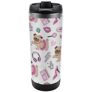 Mooie mopshond in roze rok reismok met deksel roestvrij staal geïsoleerde koffiekop houdt dranken warm koud waterfles 368 ml