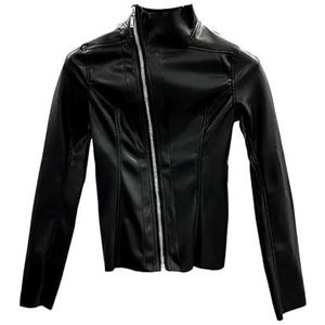A&M Express Dames zwarte coltrui jassen - echt leer slim fit schuine rits ontwerp jas, Zwart, 3XL