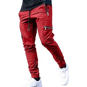 ARtray Heren Cargo Werkbroek Mannen Combat Broek Katoenen Broek Heren Joggingbroek met Ritszakken Rechte Fit Stretch Atletische Broek Stijlvolle High Street Effen Kleur Gewoon Trekkoord Broek, Rood,