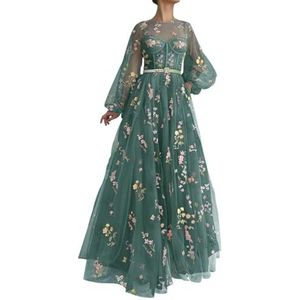 Dames Tule Galajurken Bloem Borduurwerk Avondfeest Jurken Prinses Baljurken Plus Size, Pauw, 32