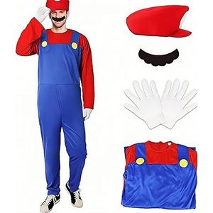 NIRANJAN Halloween kostuum Mario klassiek meisjes jongens kinderen volwassenen heren dames cosplay kostuum (L, volwassenen rood)