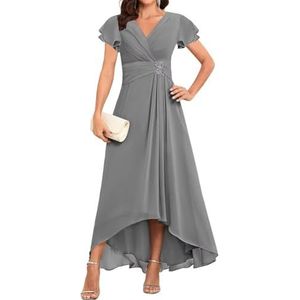 WSEYU Korte Mouw Moeder Van De Bruid Bruidegom Jurken Chiffon Kralen Formele Avond Grootmoeder Jurken Thee Lengte ZM203, Grijs, 32