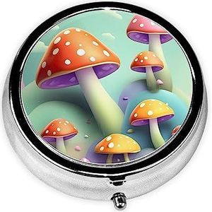 Dromerige kleine paddenstoel & * pillendoos, kleine pillendoos voor portemonnee en zak, metalen ronde medicijnorganizer, reizen 3 compartimenten pillendoos.