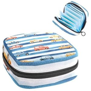 Leuke retro speelgoedauto's gestreepte blauwe achtergrond maandverband opbergtas, grote menstruatiecup zakje met rits, menstruatiepads tas winkel inlegkruisjes tampons voor meisjes vrouwen