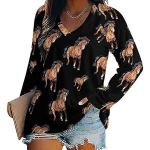 Knappe paard dames casual T-shirts met lange mouwen V-hals bedrukte grafische blouses T-shirt tops 5XL