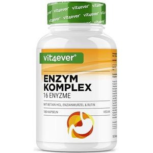 Spijsverteringsenzymen - 180 Capsules met 16 Enzymen plus Betaïne HCL, Rutine & Gentiaanwortel - Met bromelaïne, papaïne, amylase, lipase, protease, lactase - Veganistisch - Hoge Dosis