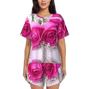 JEJEA Roze Rose1 Print Vrouwen Korte Mouw Tee Nachtkleding Korte Sets Korte Pyjama Sets Zachte Pj Lounge Sets, Zwart, S