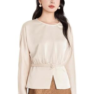 ROUZIHU Chiffon shirt dames tops slim fit blouse ronde hals lange mouwen dames taille kort shirt, Beige, XXL