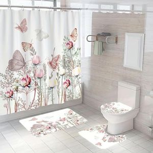 4 stuks vlinder- en bloemenprint douchegordijnset, badkamertapijt, U-vormige mat, wc-dekselkussen, waterdicht gordijn