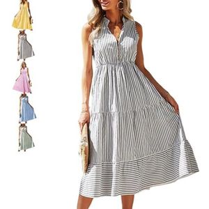 CupitiDU Seer Sucker Jurken voor Vrouwen, Zomer Mouwloos Casual Button Down V-hals Ruches Gestreepte Maxi Shirt Jurk, Grijs, XXL