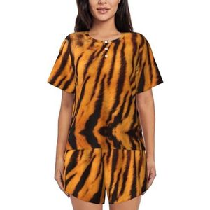 YQxwJL Tiger Gestreepte Patroon Print Vrouwen Pyjama Sets Shorts Korte Mouw Lounge Sets Nachtkleding Casual Pjs Met Zakken, Zwart, L