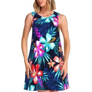CKGODGF Bloemenblauwe print, charmante mouwloze knielange jurk voor dames met zakken voor feesten en vakanties, Zwart, S
