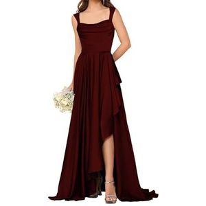 HPPEE Satijnen bruidsmeisjesjurken voor dames met split ruches vloerlengte korset mouwloze formele feestjurk, Bordeaux, 32