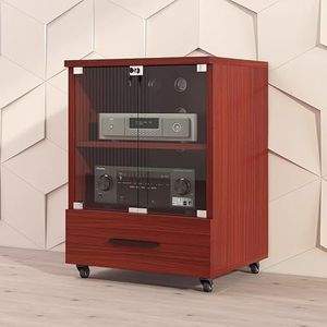 PP-Vic Stereokast Van Massief Hout Met Glazen Deur Mediastandaard Audiorek Met Wielen Opbergkast Voor Stereocomponenten AV-Kast Met Projector DVD-Speler Gameconsole Kabelbox,77cm rosewood