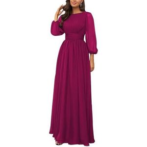 KURFACE Bruidsmeisjesjurken met lange mouwen, geplooide ronde hals, chiffon, bruidsmeisje, formele avondjurk, Fuchsia, 32