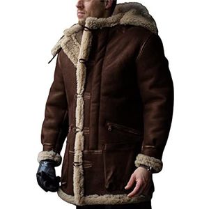 Heren dikke capuchon Winter warme fleece revers jas motorfiets bont lederen vintage jas lange nepbont parka uitloper overjas, rood, 3XL (bruin L)