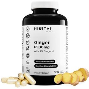 Gember 6500 mg. 180 veganistische capsules voor 6 maanden behandeling. Natuurlijk gemberextract 5% gemberolen, 32,5 mg per capsule. Gefabriceerd in Europa door HIVITAL