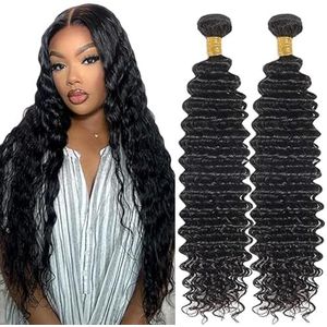 Lakaisa Deep Wave Human Hair Bundles Sew in Hair Natural Black Real Hair Extensions 2 Bundles 100% Unprocessed Brazilian Virgin Hair No Smell for Woman 32 32 Inch