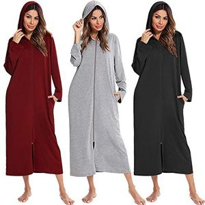 Badjas Voor Dames,Dames Kimono-Gewaden Kamerjas,Dames Lichtgewicht Katoenen Gewaden Hoodie Lange Mouw Rits Kimono Met Zakken Nachtkleding Zachte Lange Badjas Dames Kamerjassen,Zwart,Xxl