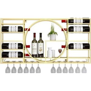 Wijnrek voor wandmontage, wijnrek, wandmontage met glaswerk, smeedijzeren industrieel windrek, huisrestaurant wijnkast decoratie/displayrek (afmetingen: 120 x 72 x 11 cm, kleur: goud)