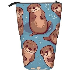 Dier Leuke Bruin Otters Potlood Case Telescopische Make-up Tas Pop Up Office Organizer Box Staande Pen Houder Cosmetica Tas Met Ritssluiting, Zwart, Eén maat