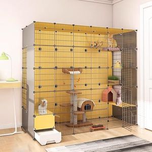Indoor kattenkooi, konijnenhok, binnenkattenverblijf met kattenbak - ruim, eenvoudig te monteren, geschikt voor meerdere katachtige metgezellen (kleur: 4-delige set, maat: 219 x 95 x 183 cm)