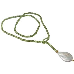 PYRJLMYQ 25 ''Natuurlijke gekweekte Witte Keshi Pearl Green Peridot Lariat ronde trui ketting ketting voor vrouwen, Eén maat, Agaat