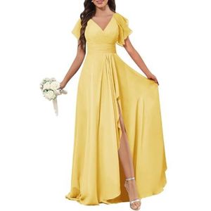 Chiffon galajurken met spleetplooien, bruidsmeisjesjurken voor bruiloft, cocktailjurk, grote maten, Geel, 38