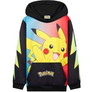 Pokémon sweatshirt voor jongens en meisjes, Pikachu met capuchon, comfortabel, kangoeroezak, anime-cadeaus voor kinderen, Pikachu zwart/meerkleurig, 11-12 jaar