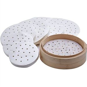 250 stuks Dim Sum papier als onderlegger voor bamboestomer, heteluchtfriteuse, stoompan airfryer liners, anti-aanbaklaag, rond bakpapier, geperforeerd bamboepapier (8,9 cm)