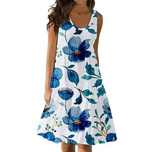 TIIAXCZ Zomerjurken voor dames, sexy mouwloze midi uitlopende tankjurk, vloeiende zoom boho trendy mini-jurk, korte strandjurk(Color:Blue,Size:L)