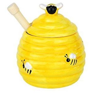 HiT 3-delige set honingpot met deksel van keramiek, geel, bijenstokvorm met houten lepel voor honing en siroop, houder voor ahornsiroop met keramisch deksel met uitsparing voor de honinglepel