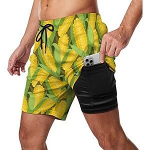 Geel Maïspatroon Heren Zwembroek Sneldrogend 2 in 1 Strand Sport Shorts met Compressie Voering En Zak