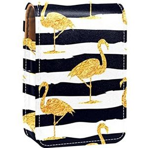 gouden flamingo streep draagbare lippenstift geval voor reizen, Mini lippenstift opbergdoos met spiegel voor vrouwen dames, lederen cosmetische etui, Meerkleurig, 9.5x2x7 cm/3.7x0.8x2.7 in